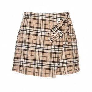 Beige Plaid Wrap Mini Skirt with Buckle-Tie Detail